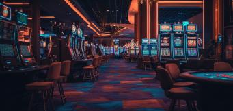 Interior de um casino com slots iluminadas e mesas de jogo ao fundo