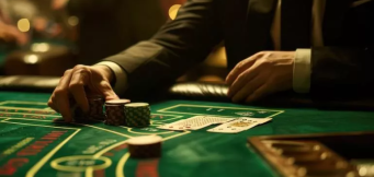 Jogador de blackjack a apostar fichas numa mesa de casino com cartas distribuídas à sua frente