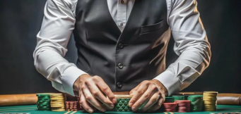 dealer de casino sentado em mesa rodeado de fichas