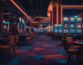Interior de um casino com slots iluminadas e mesas de jogo ao fundo