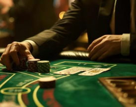 Jogador de blackjack a apostar fichas numa mesa de casino com cartas distribuídas à sua frente