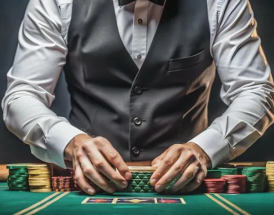 dealer de casino sentado em mesa rodeado de fichas