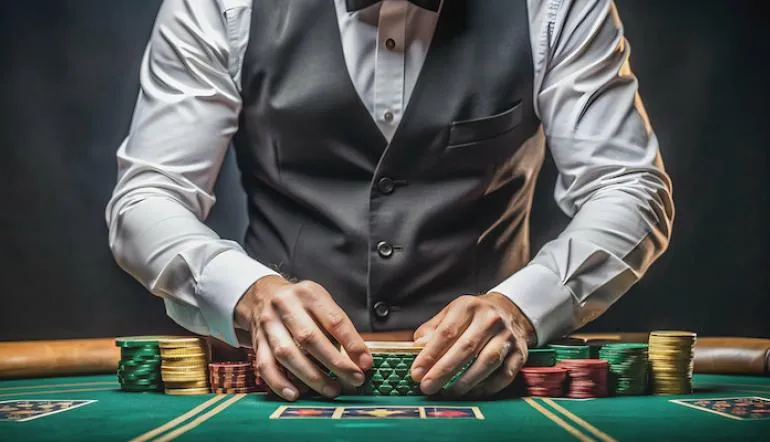 dealer de casino sentado em mesa rodeado de fichas