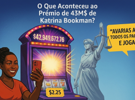 Ilustração com mulher a tirar selfie em frente a slot machine a exibir $42.949.672,76, com talão de $2,25 e figura da Justiça ao fundo