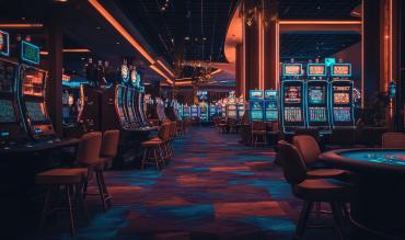 Interior de um casino com slots iluminadas e mesas de jogo ao fundo