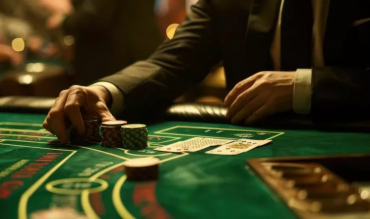 Jogador de blackjack a apostar fichas numa mesa de casino com cartas distribuídas à sua frente
