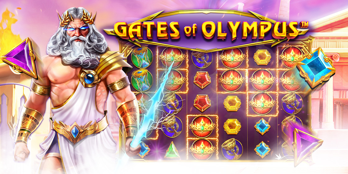 Imagem promocional colorida do jogo de slot "Gates of Olympus". À esquerda, Zeus aparece segurando um raio azul brilhante, vestindo uma toga branca com armaduras douradas e uma coroa. À direita, os rolos do jogo mostram símbolos como pedras preciosas coloridas, coroas, ampulhetas e outros ícones brilhantes. O título "Gates of Olympus" está centralizado no topo da imagem, com letras douradas sobre uma faixa roxa.
